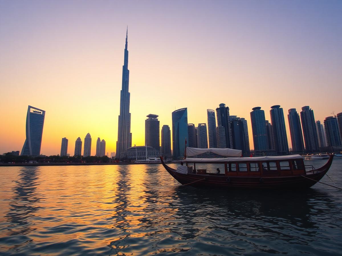 Skyline de Dubai ao entardecer com o Burj Khalifa e um dhow tradicional